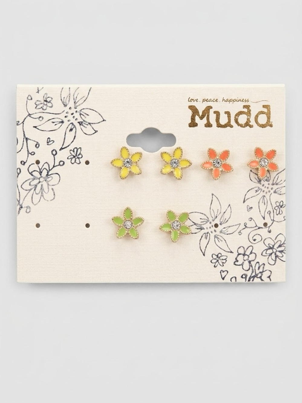 NWT Mudd Enamel Flower Stud Earrings Set Yellow Orange Green Rhinestone Floral